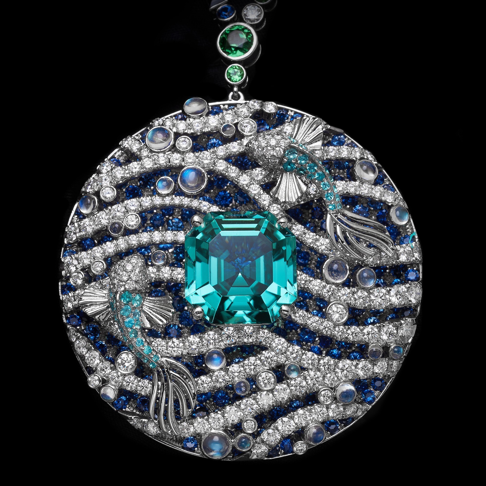 Full view of the Tiffany & Co. Blue Book pendant necklace, illustrating the 'Fish in the Sea' theme with exquisite gemstone detailing.