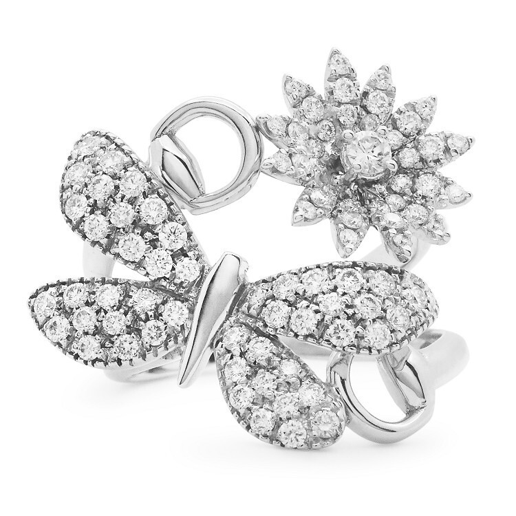 Detailed view of the Gucci Flora diamond ring showcasing the diamond-paved butterfly wings.