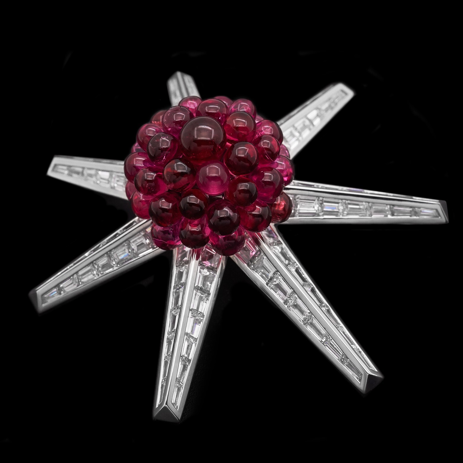 Detailed shot of the baguette-cut diamonds set within the Tiffany & Co. Starburst Brooch.