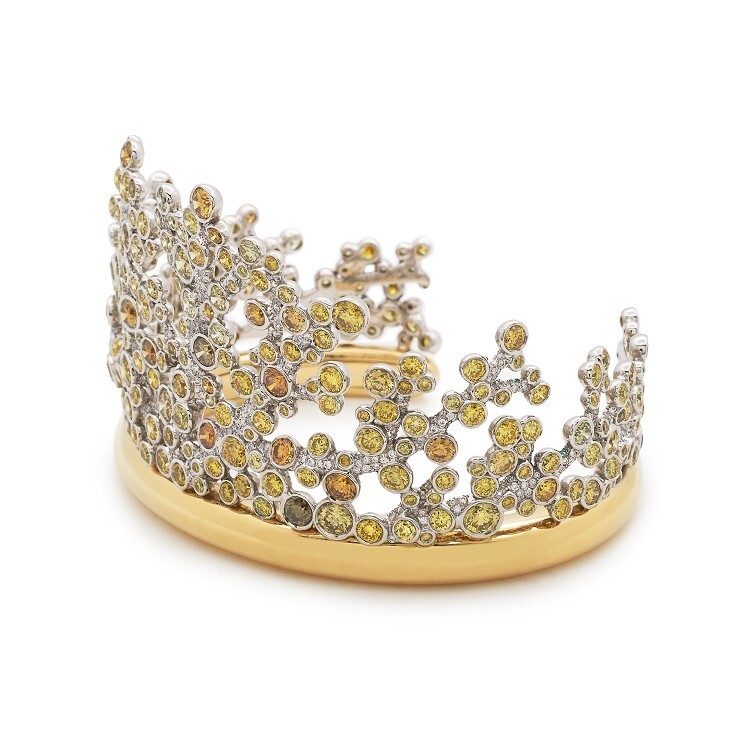 Close-up on the intricate diamond pavé work on the Tiffany & Co. bracelet, representing dewy branches.