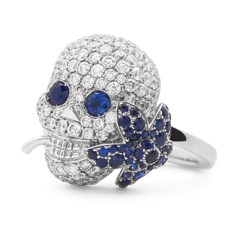 Angled perspective of the Gucci Flora Lily Skull Ring, emphasizing the detailed craftsmanship of the skull's features.