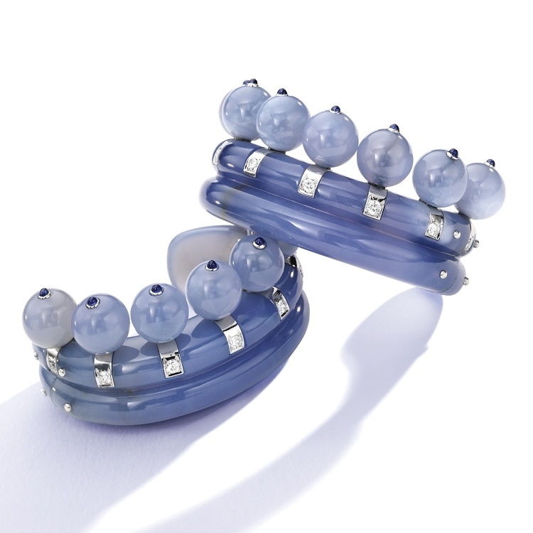Close-up of Suzanne Belperron's iconic blue chalcedony jewelry designs