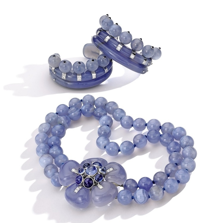 Elegant display of Suzanne Belperron's vintage blue chalcedony jewelry pieces