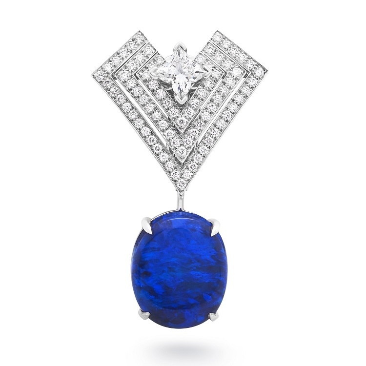 Close-up of Louis Vuitton black opal and diamond earrings