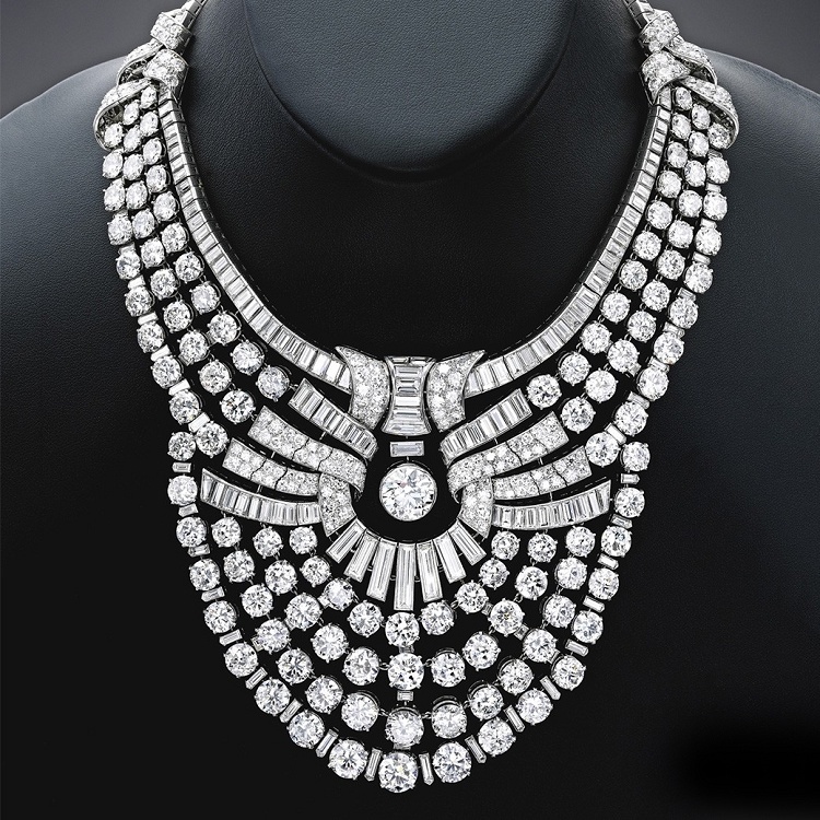 Close-up of the intricate diamond setting on a Van Cleef & Arpels necklace.