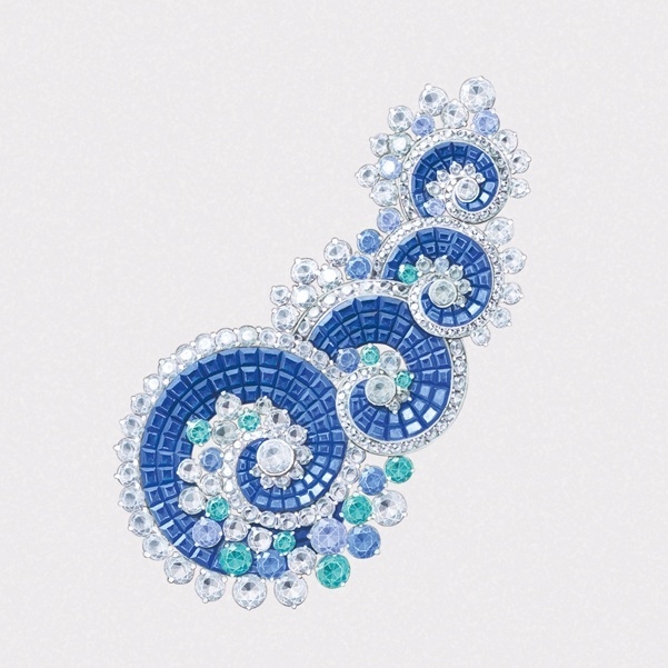 Close-up of the Van Cleef & Arpels Vagues Mystérieuses brooch highlighting sapphire inlay