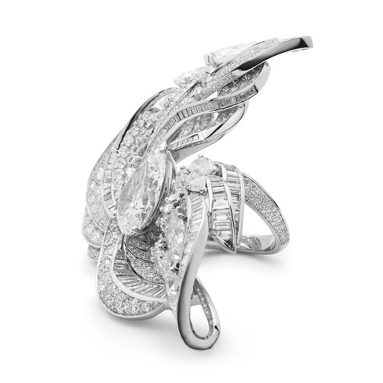Close-up view of the De Beers Ascending Diamond Ring showcasing its intricate diamond setting