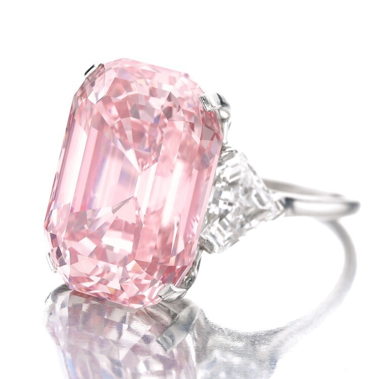 Close-up view of The Graff Pink diamond, highlighting its exceptional Fancy Intense Pink color and IF clarity.