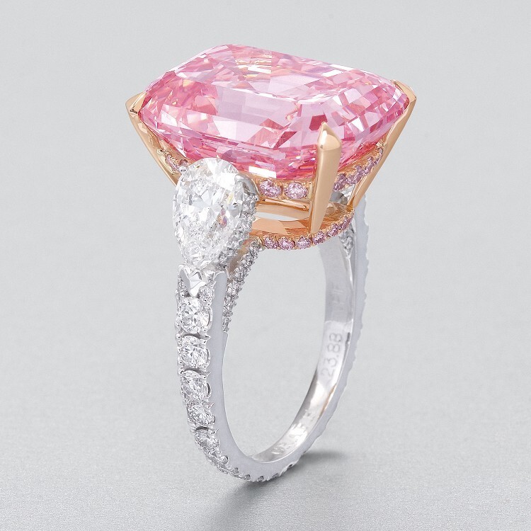 Side profile of The Graff Pink diamond ring, showcasing the intricate setting and smaller diamond embellishments.