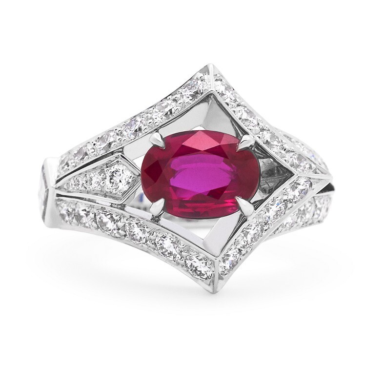 Close-up view of the Louis Vuitton Beau Rivage ring, showcasing the magnificent 1.62-carat oval ruby center stone.