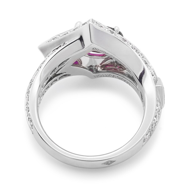 Elegant display of the Louis Vuitton Beau Rivage ring, showcasing its luxurious white gold and precious gemstones.