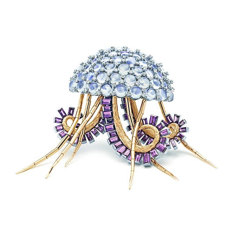 Close-up view of the Tiffany Blue Book Jellyfish Brooch, highlighting its detailed gemstone setting and fluid movement.