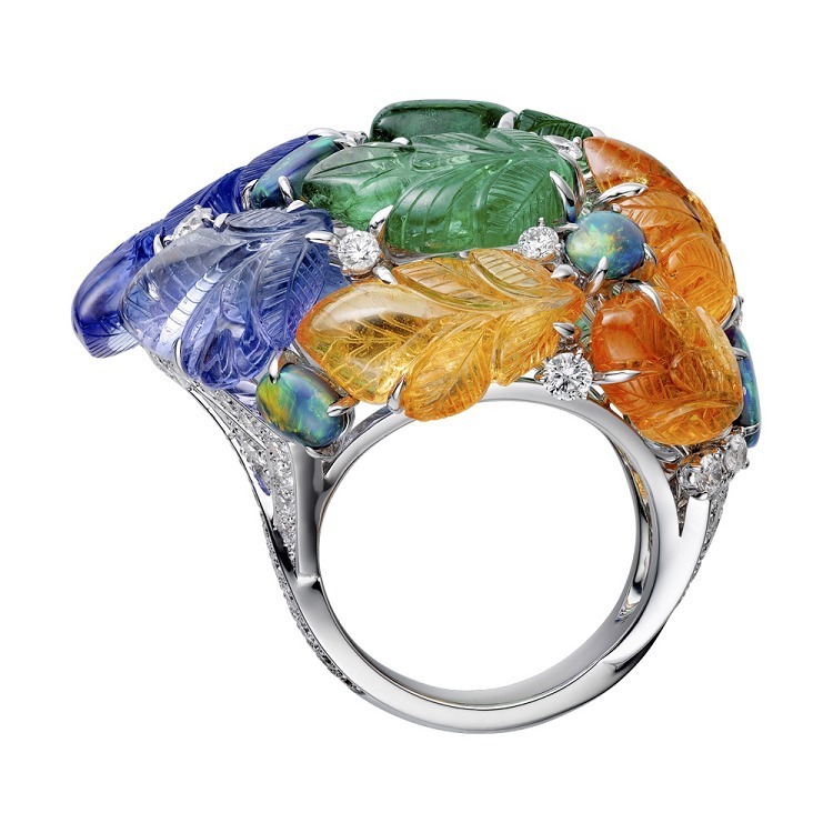 Angled view of Cartier Étourdissant Pushkar Ring displaying brilliant-cut diamonds and vibrant colored stones