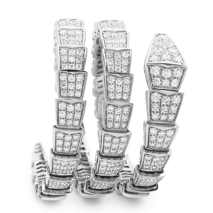 Detailed view of Bulgari Serpenti white gold bracelet, highlighting brilliant cut diamonds