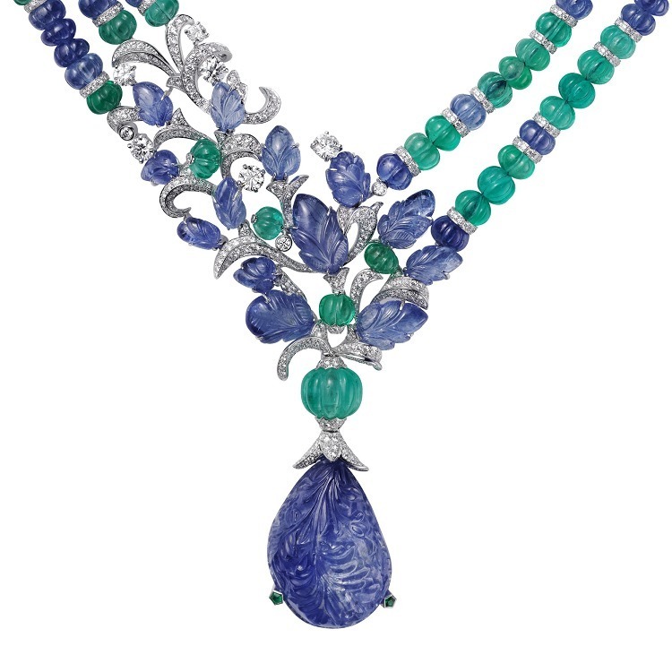 Full view of the Cartier L'Odyssée de Cartier 'Fruit Tips' necklace, featuring vibrant sapphire and emerald beads, brilliant-cut diamonds, and the prominent drop-shaped sapphire pendant.