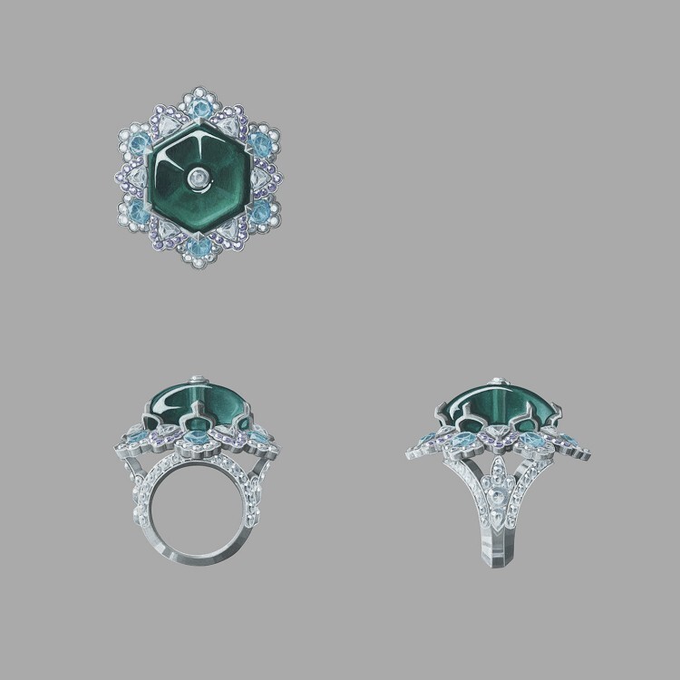 Angled view capturing the sparkle and design of the Van Cleef & Arpels 'Amour Amour' ring