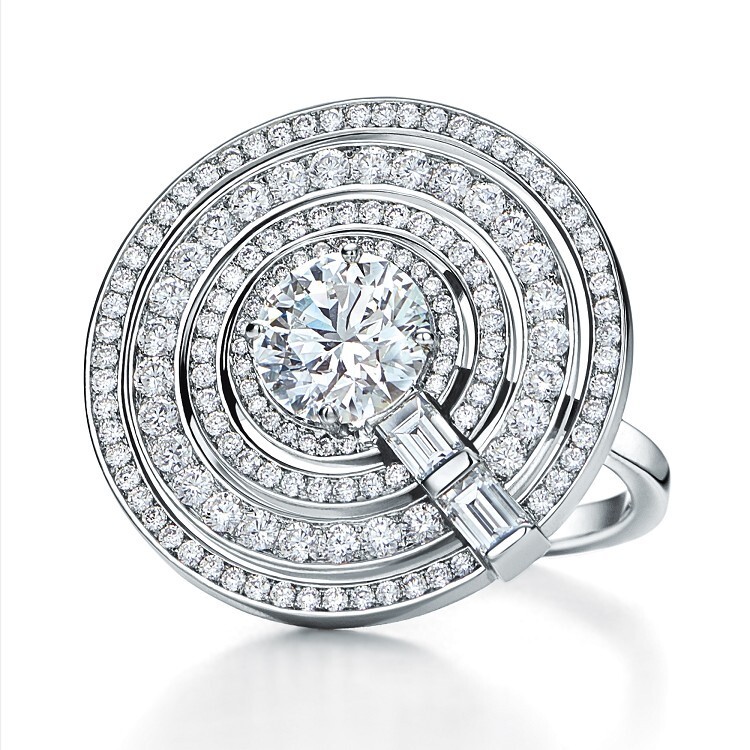 Detail view of a Tiffany 'Ripple' ring, showcasing intricate diamond settings