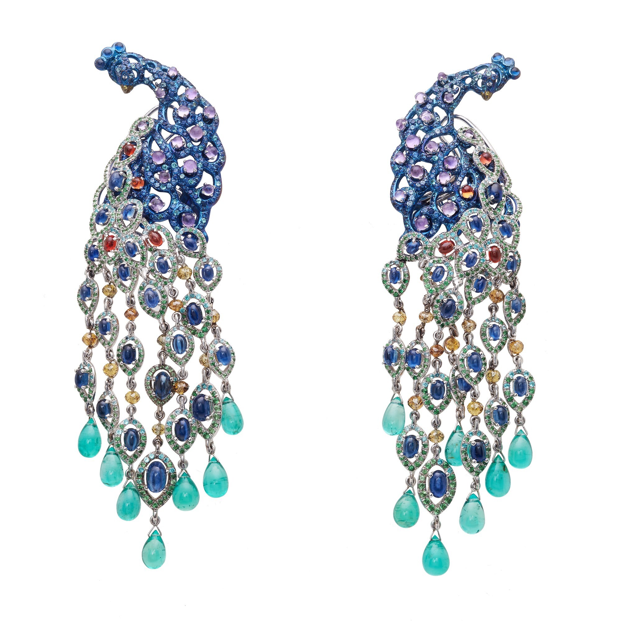 Chopard Animal World Peacock earrings showcasing intricate blue titanium and gemstone details