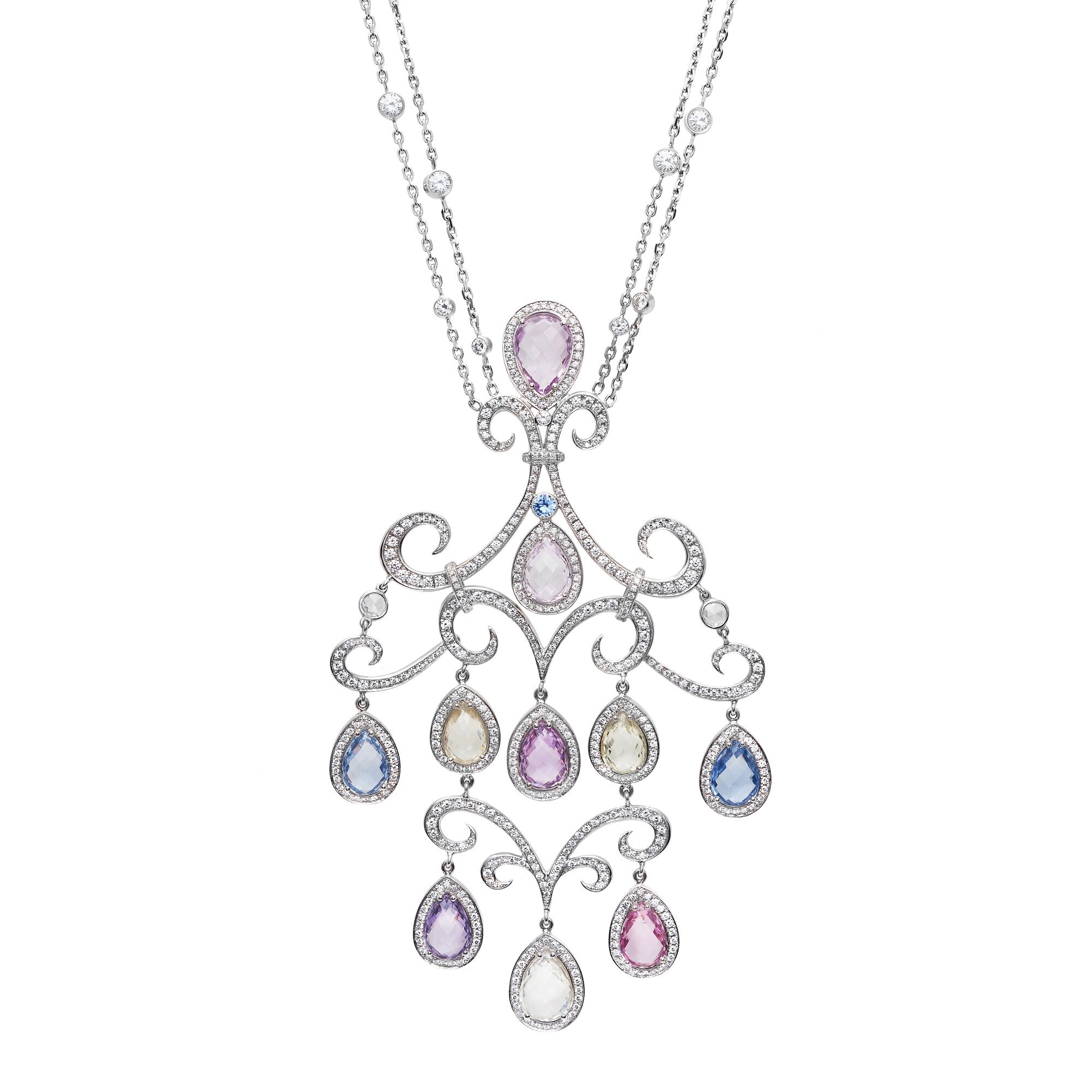 Exquisite Chopard Copacabana high jewelry pendant necklace showcasing multiple pastel sapphires and diamonds.