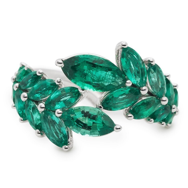 Chopard Green Carpet 'Emerald Palm Leaf' ring handcrafted in white gold with marquise-cut emeralds.
