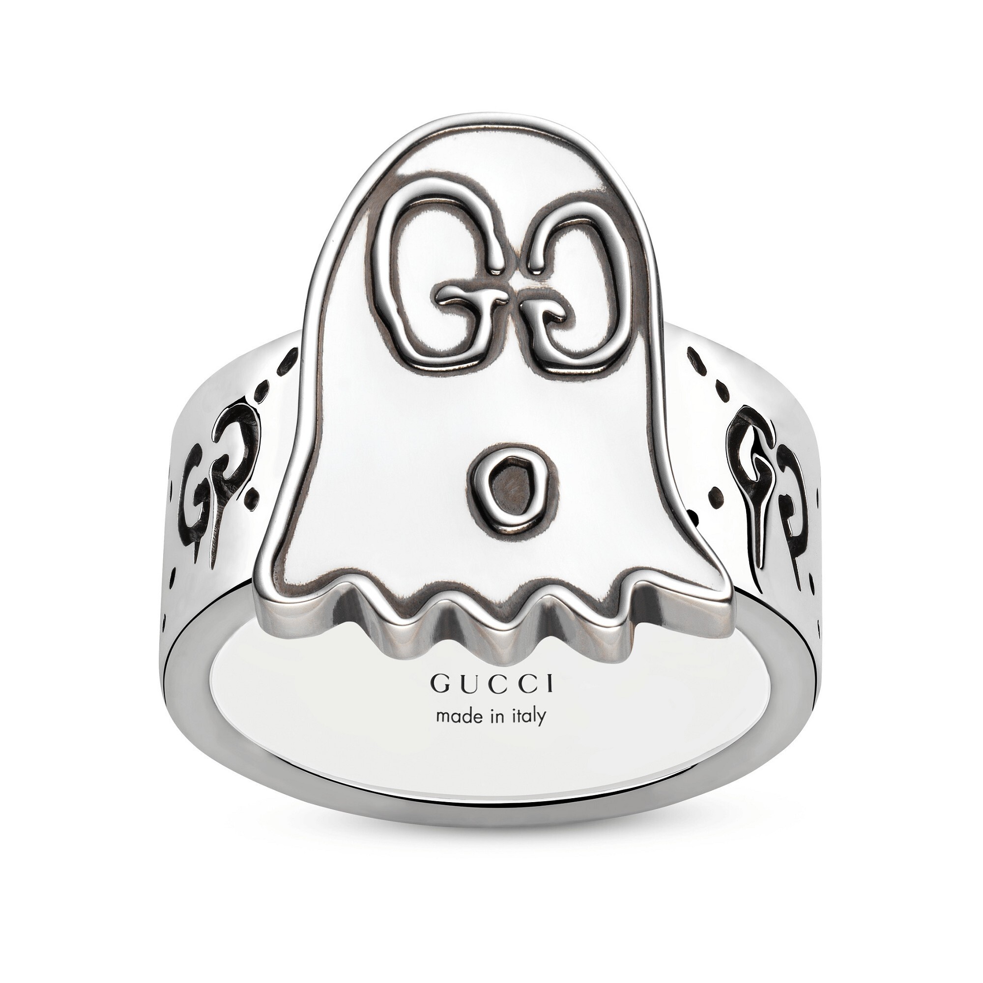 Gucci Ghost Ring in sterling silver featuring graffiti-style Pac-Man ghost design.