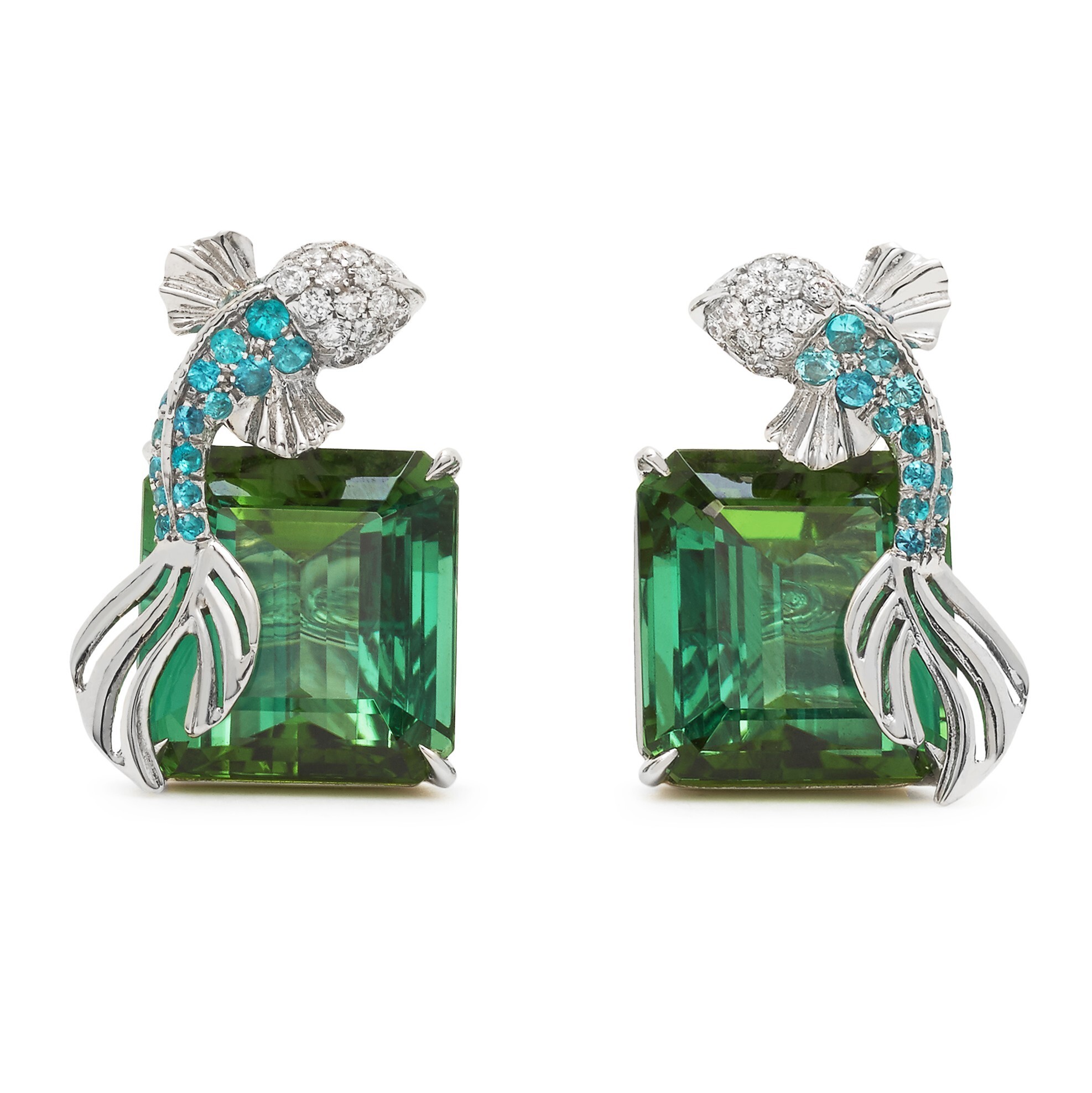 Tiffany & Co. Tiffany Blue Book "The Art of Transformation" goldfish earrings featuring emerald-cut green tourmalines and Paraiba tourmaline.