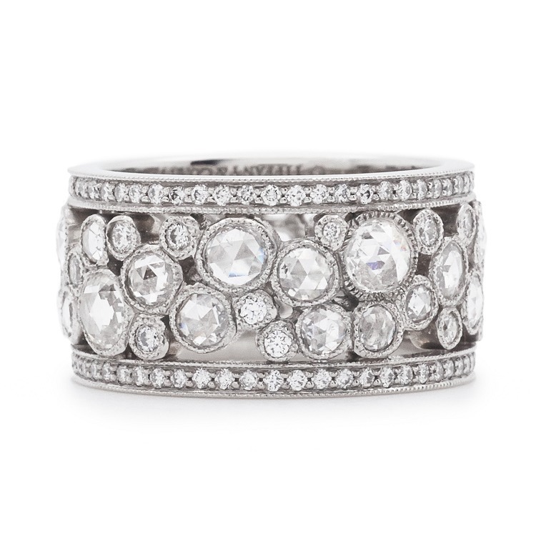 Tiffany & Co. Tiffany Garden Ring, top view, showcasing rose-cut and brilliant-cut diamonds on a platinum band.