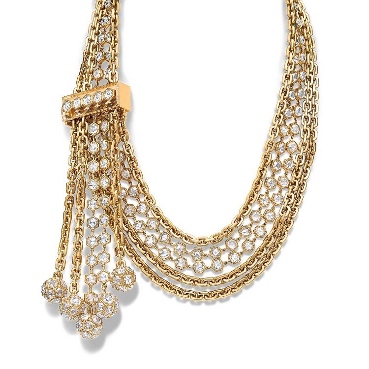 Stunning Tiffany Masterpieces 2015 Collection necklace featuring rose-cut diamonds and intricate gold tassel pendants