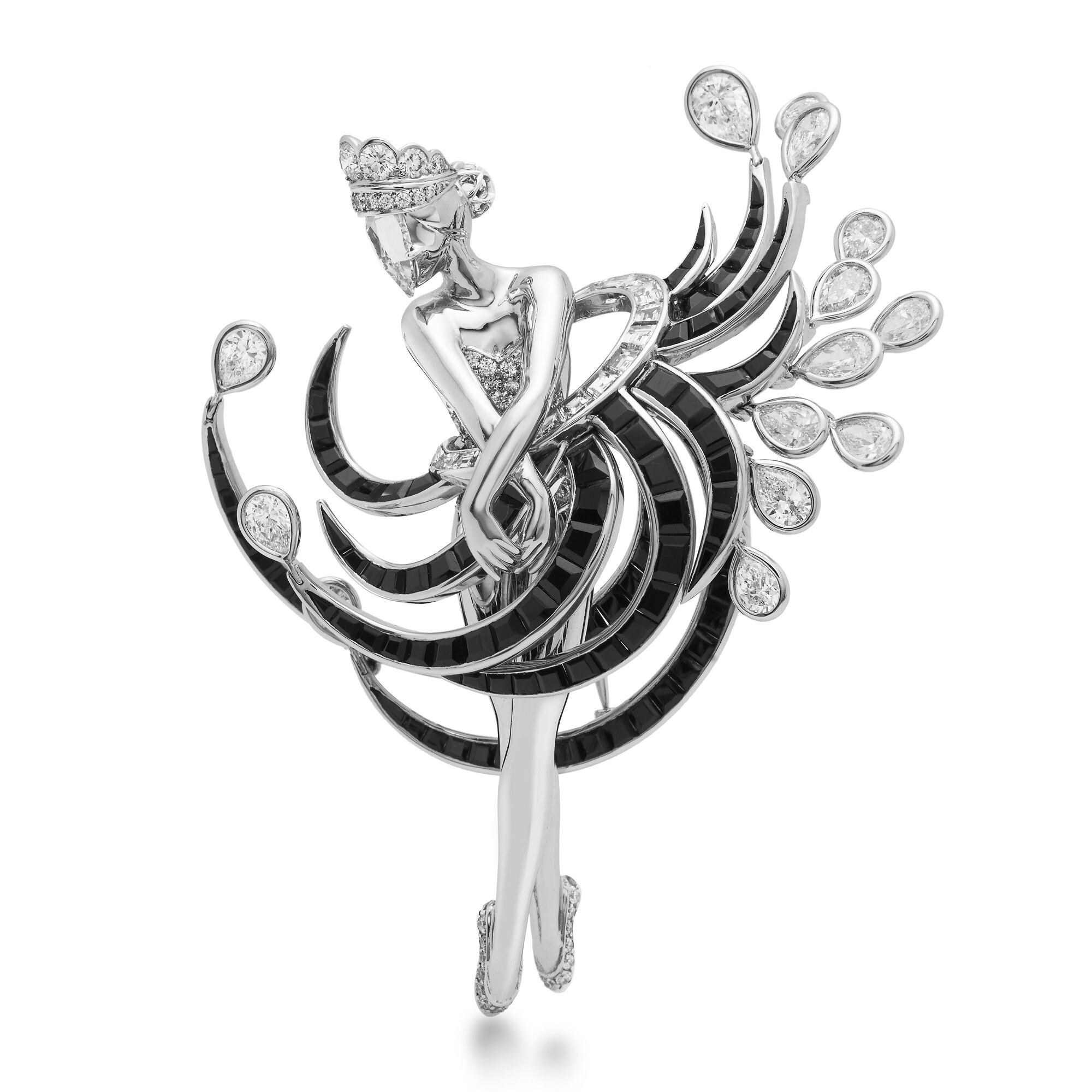Front view of the Van Cleef & Arpels Ballet Précieux Cygne Noir Brooch, showcasing a ballerina with a flowing black spinel skirt