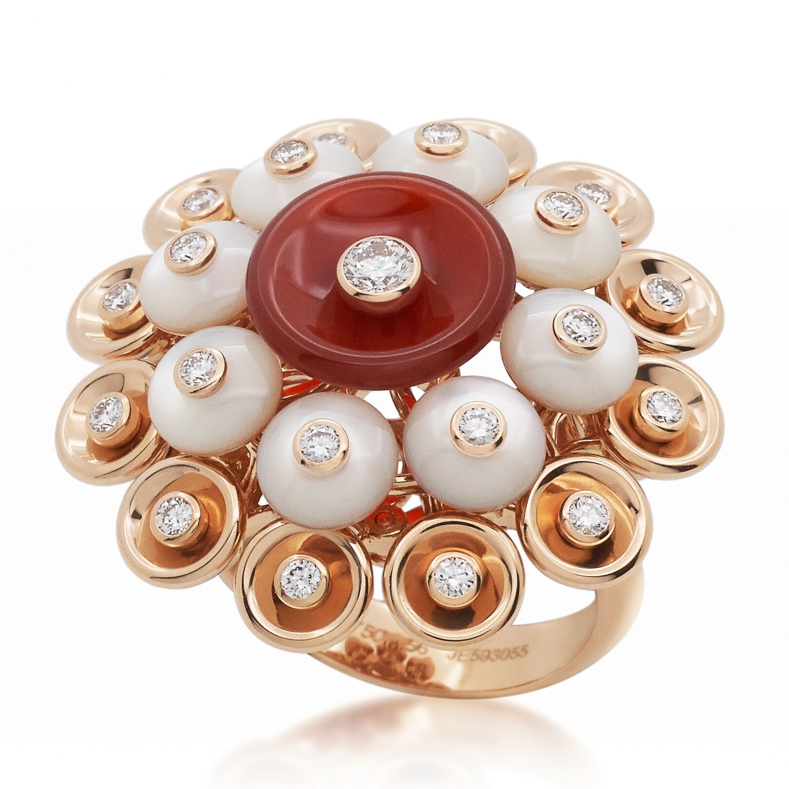 Glamorous Van Cleef & Arpels Bouton d'Or ring featuring intricate mother-of-pearl, onyx, and diamond detailing on rose gold.