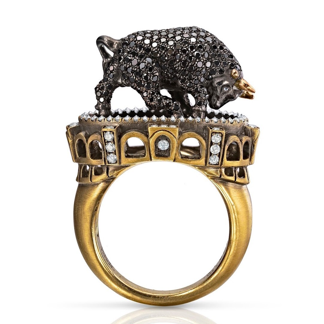 Close-up of the Wendy Brandes 'Bull and Bullfighter' ring, showcasing its intricate details and diamond embellishments.