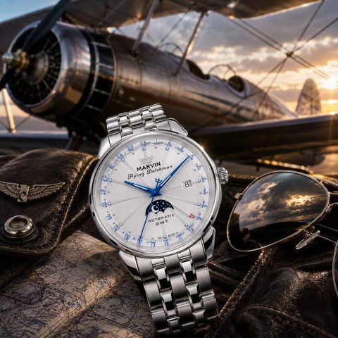 Official image of the Marvin Flying Dutchman GMT with ivory sunburst dial on a steel bracelet in front of a vintage biplane