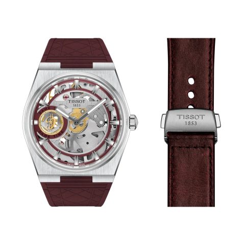Tissot PRX Skeleton Damian Lillard Special Edition shown with its burgundy rubber strap and spare burgundy leather strap